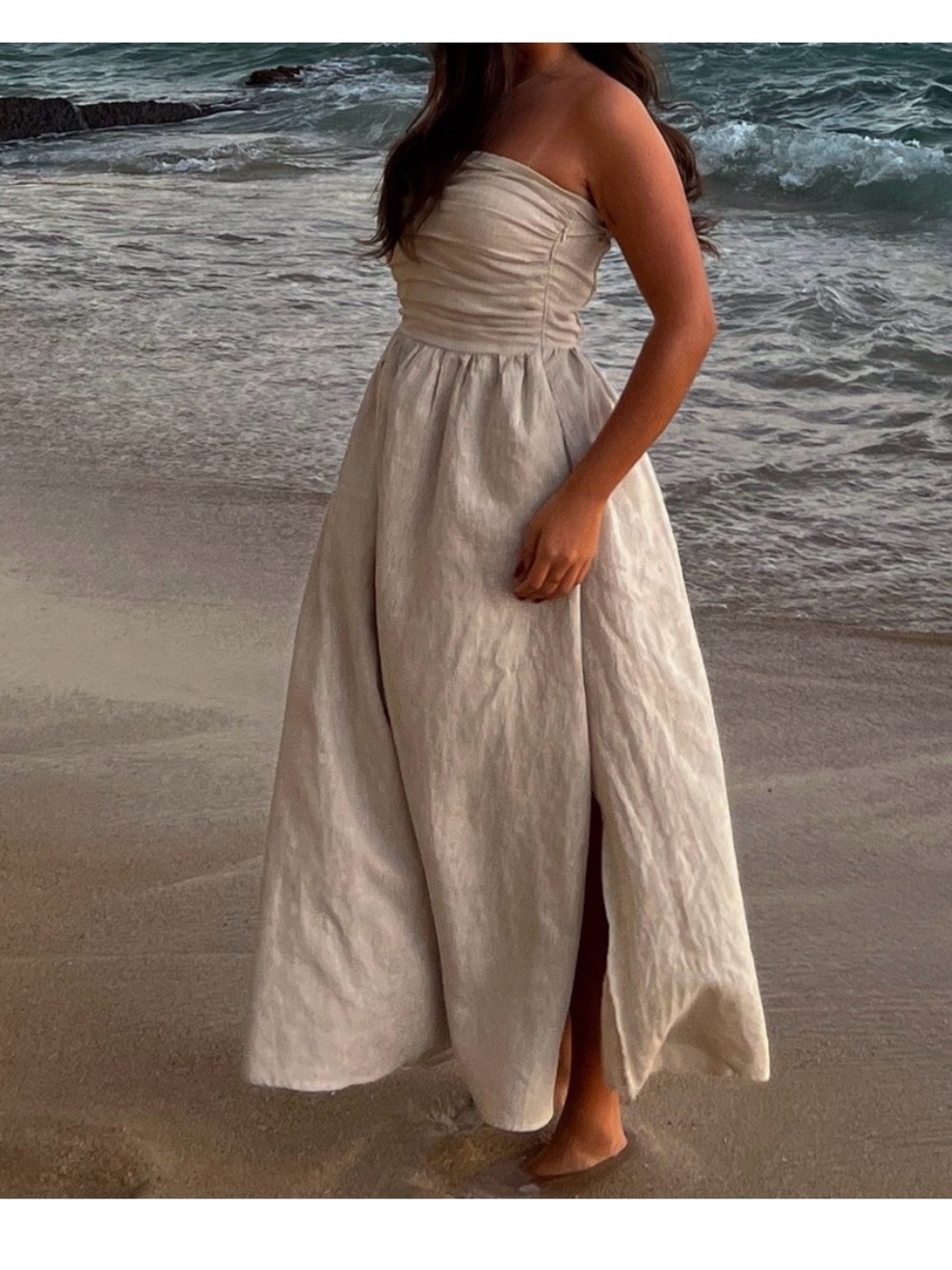 Dissh Strapless Tan Linen Maxi Dress